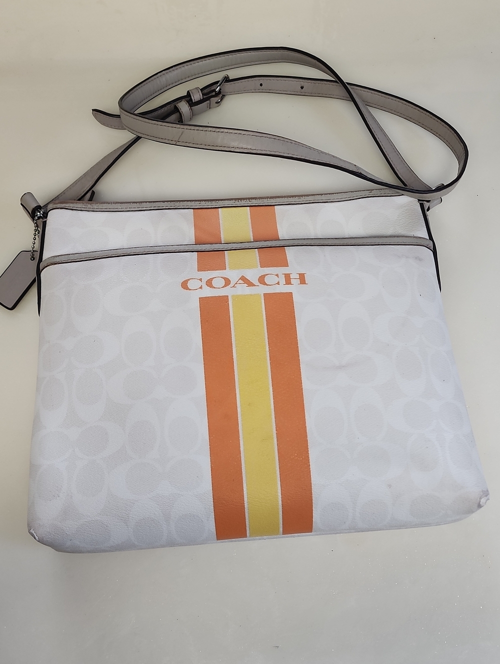 Coach White Crossbody with Orange and Yellow Stripe Detail